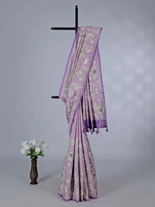 Lilac purple floral art silk saree with resham detailing