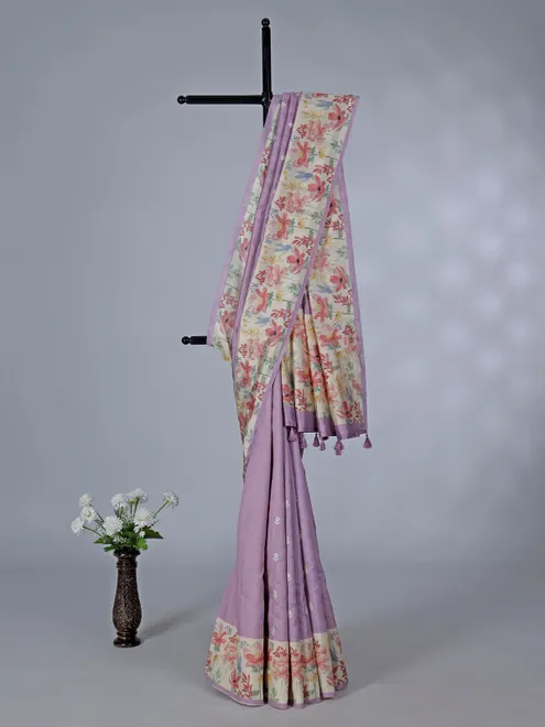 Lilac purple floral semi silk saree with resham weaving