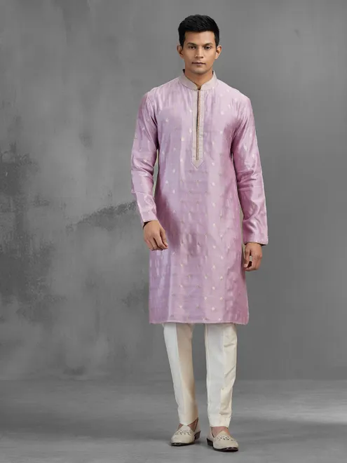 Lilac purple handloom silk zari resham festive kurta pajama