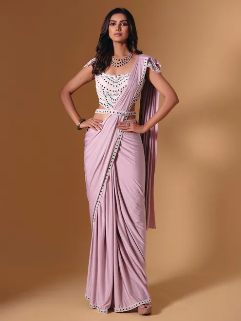 Lilac purple lycra saree with stone and pearl shine
