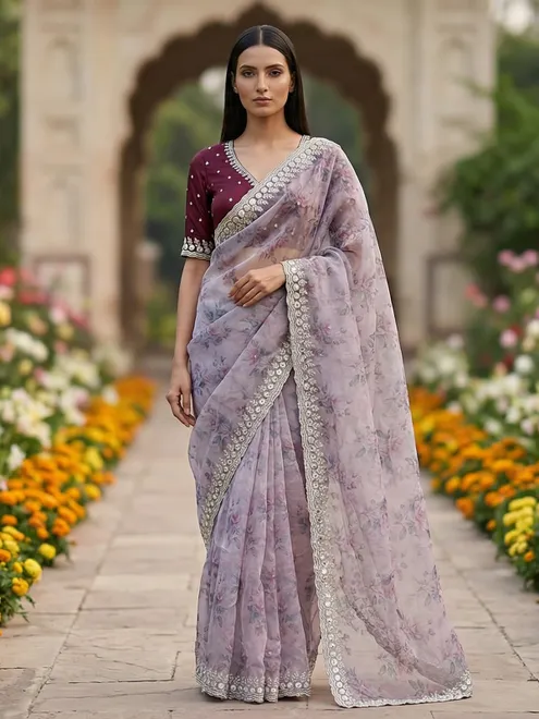Lilac purple organza tissue mirror work festive saree