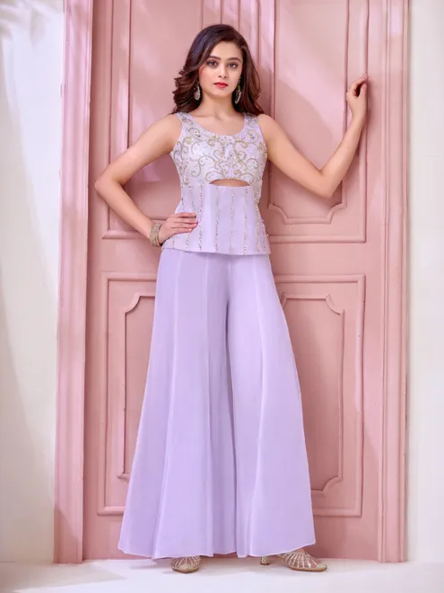 Lilac purple party wear silk palazzo suit