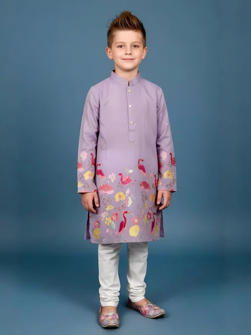 Lilac purple printed silk blend kurta suit