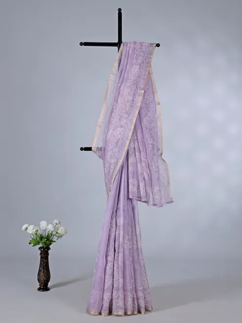 Lilac purple semi organza saree with exquisite embroidery detailing