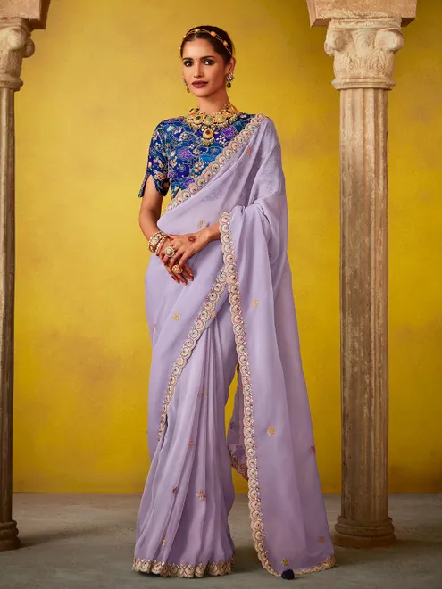 Lilac purple sequins work georgette saree
