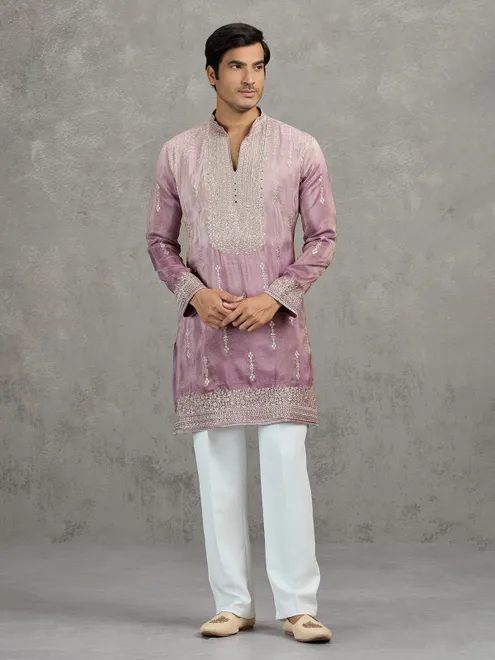 Lilac purple shaded tissue embroidered festive kurta suit
