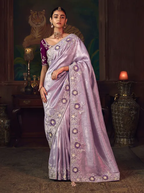 Lilac purple silk embroidered festive saree