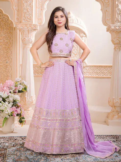 Lilac purple silk embroidered sleeveless lehenga choli