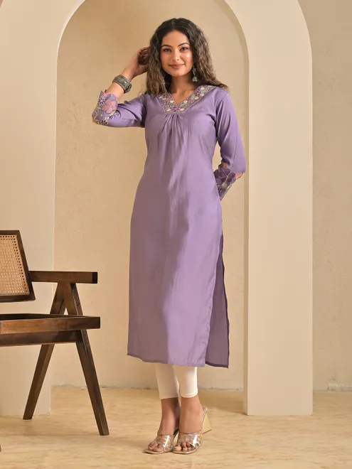Lilac purple silk embroidered v neck casual kurti