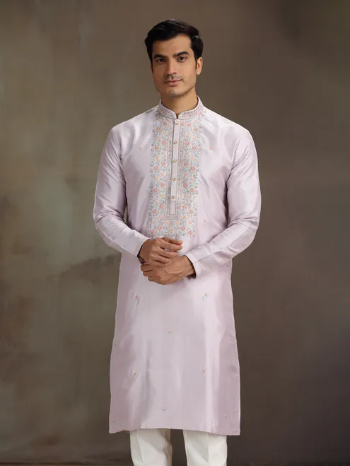 Lilac purple silk embroidered work kurta suit