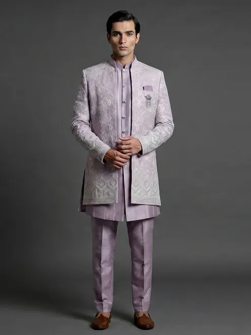 Lilac purple silk indowestern set with brooch detail