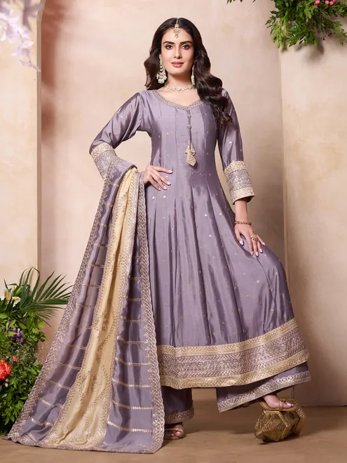 Lilac purple silk pakistani style anarkali palazzo suit