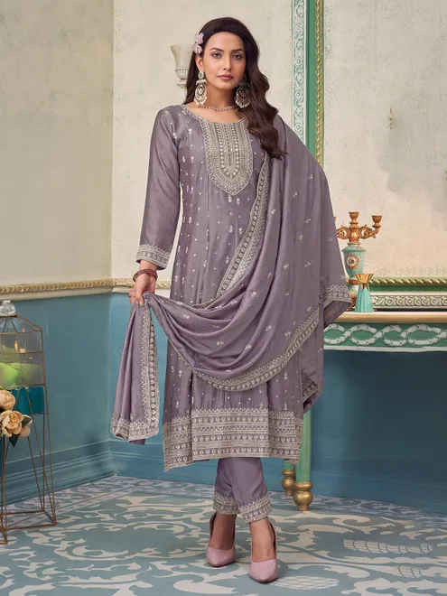 Lilac purple silk salwar suit with elegant detailing