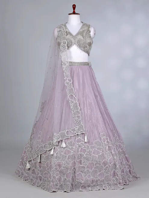 Lilac purple silk V neck designer lehenga choli