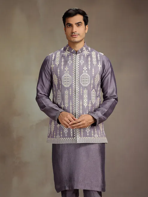 Lilac purple silk waistcoat set with embroidery for men