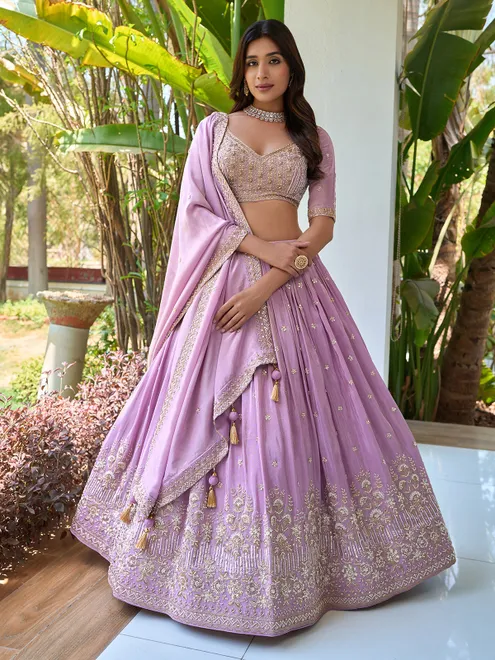 Lilac purple silk wedding wear lehnega choli
