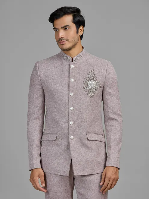 Lilac purple terry rayon jodhpuri suit with embellished crest