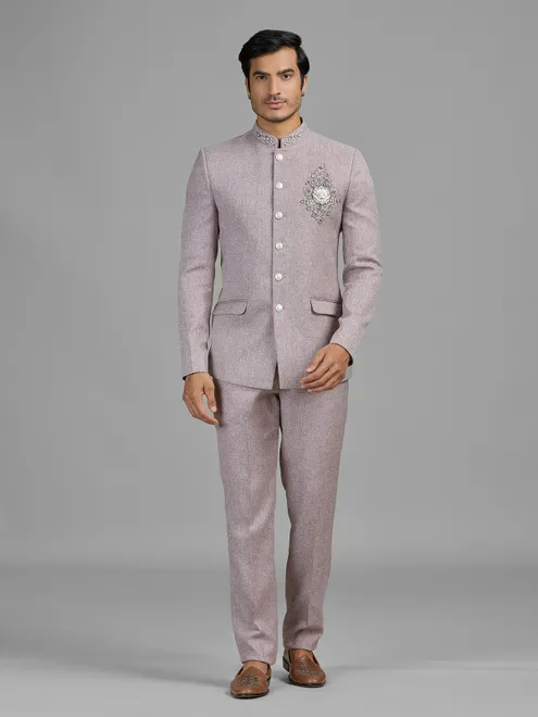 Lilac purple terry rayon jodhpuri suit with embellished crest