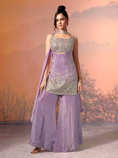 Lilac purple tissue silk designer palazzo suit