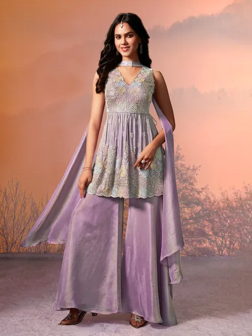 Lilac purple tissue silk embellished palazzo suit