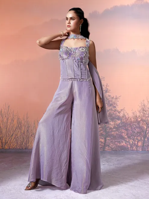 Lilac purple tissue silk embroidered palazzo suit