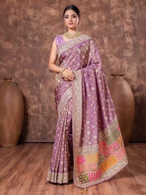 Lilac purple tissue silk saree for wedding wear