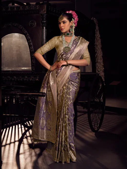 Lilac purple viscose tissue silk saree for wedding wear
