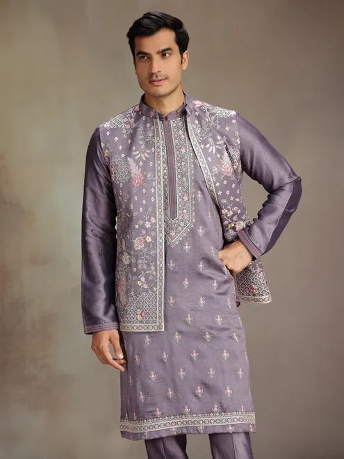 Lilac purple wedding wear silk waistcoat set