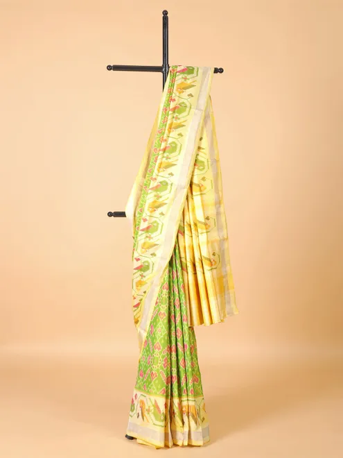 Lime green and yellow printed printed silk saree for festive