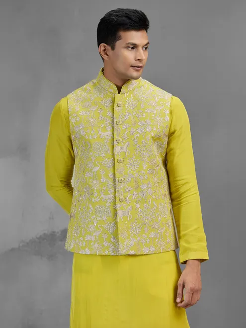 Lime green jacquard silk ethnic mens waistcoat set