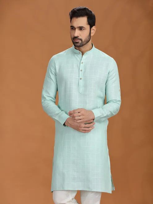 Lime green linen kurta set with checks pattern