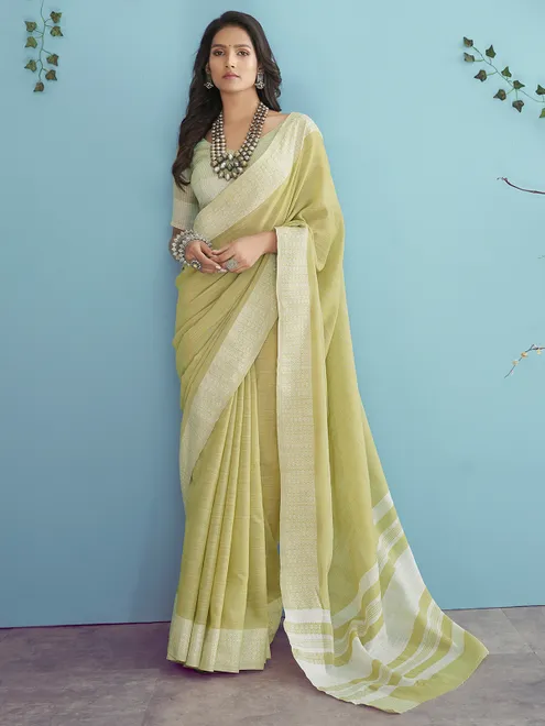 Lime green linen saree
