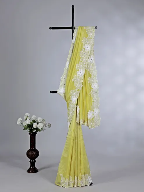 Lime yellow dola tissue silk saree with embroidery