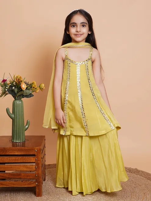 Lime yellow festive wear silk palazzo suit with dupatta