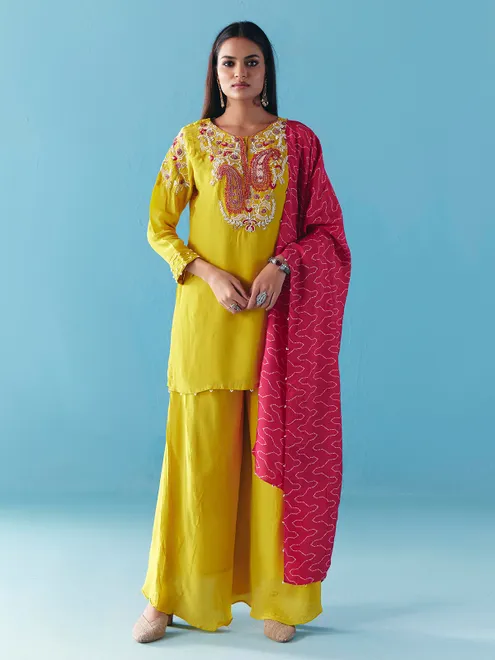 Lime yellow silk pakistani palazzo suit with dupatta