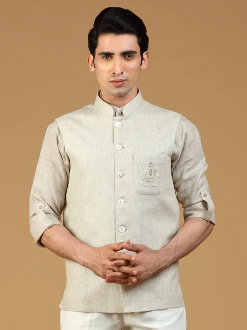 Linen beige festive waistcoat for Men