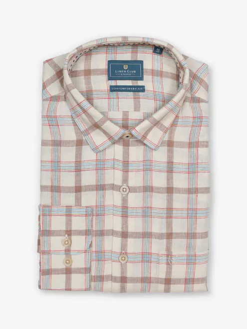 LINEN CLUB cream checks shirt