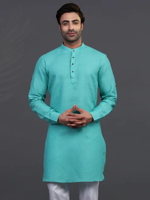 Linen sea green festive mens kurta