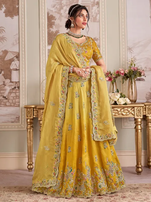 Lovely mustard hue silk unstitched lehenga choli