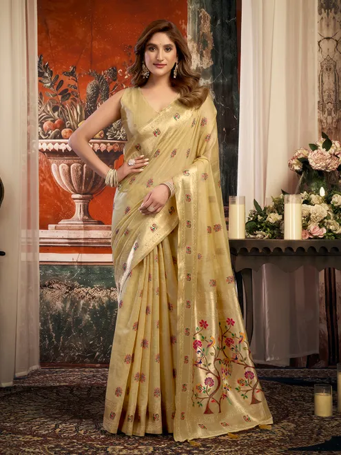Lustrous light olive festive saree
