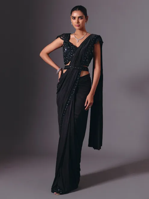 Luxe black lycra saree with diamond and cutdana accents