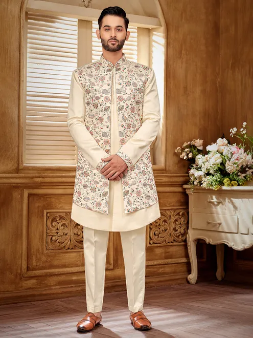 Luxurious cream silk indowestern jacket for men