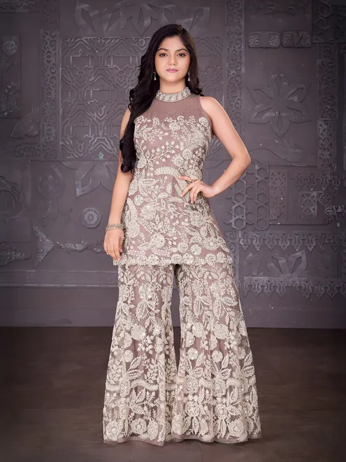 Luxurious dark beige net palazzo suit for girls