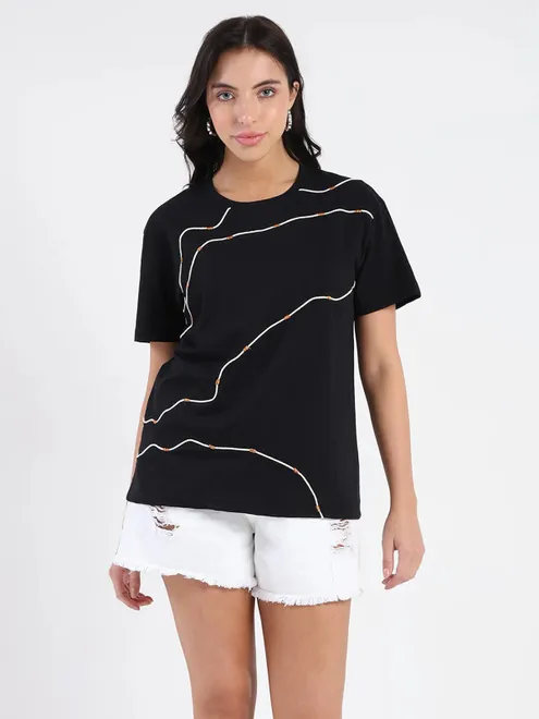 MADAME black cotton t-shirt with thread work