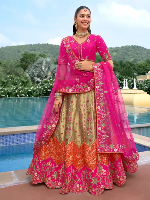 Magenta and gold wedding wear silk lehenga choli
