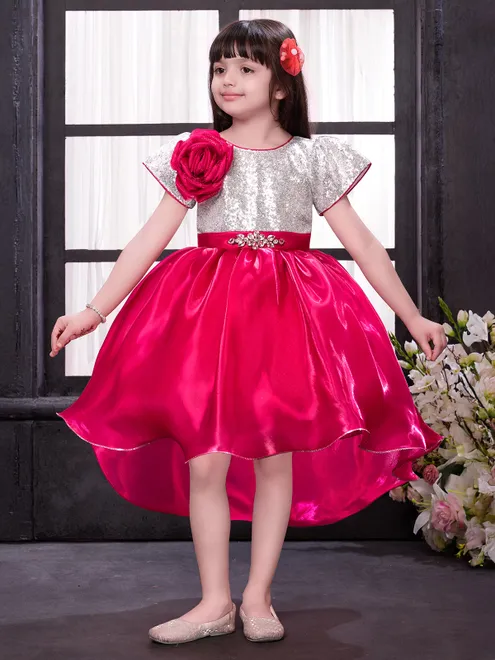 Magenta and silver satin silk diamond frock
