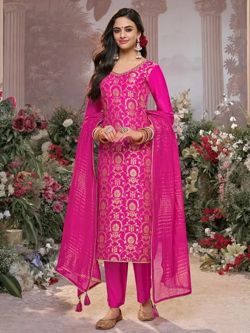 Magenta banarasi silk U neck festive salwar suit