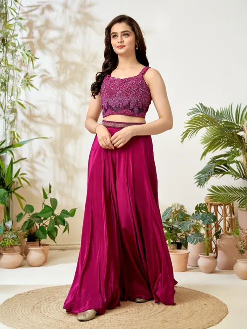 Magenta dazzling cutdana crepe silk palazzo suit