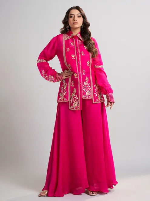 Magenta designer silk palazzo suit with collar neck