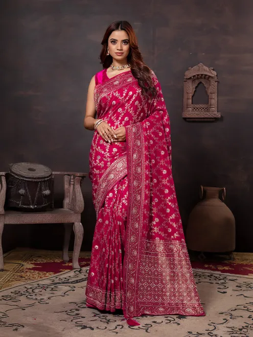 Magenta dola silk saree with beads work
